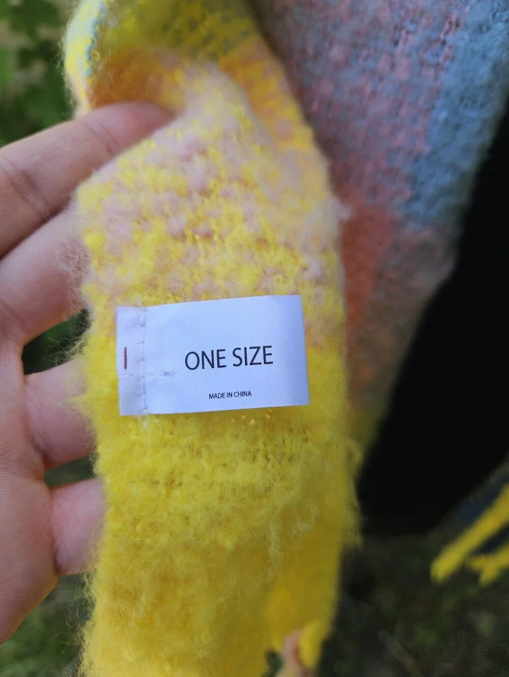 bright oversized plush boucle knit scarf yellow pink blue plaid